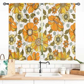 Retro 70S Floral Curtains, Vintage Funky Hippie Groovy Boho Orange Daisy Flower Trippy Modern Aesthetric Cafe Small Short Curtains Drapery for Kitchen Bedroom Living Room 2 Panels Set, 55x39 Inch