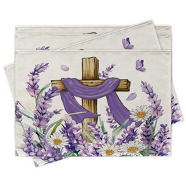 Croar Easter Religious Cross Flower Placemats Set of 4, Spring Summer Lavender Daisy Floral Faith Christian Dining Place Mats Table Decor, Butterfly Petal Home Kitchen Decoration 12 x 18 Inch