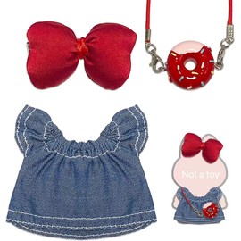 17cm Plush Doll Clothes – Denim Dress with Red Bow & Strawberry Charm | Stylish Outfit Set for Mini Plush Figures (No Doll Included)