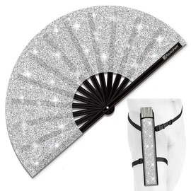 Raveahem Glitter Large Rave Folding Clack Hand Fan with Holster for Men Women Handheld Fan for EDM,Festival,Club,Party,Dance (Silver, 11")