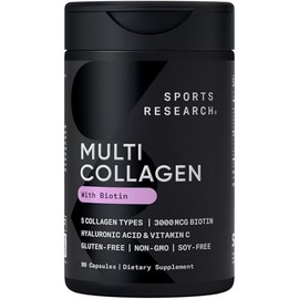 Sports Research® Biotin-Infused Collagen Peptides Complex with Hyaluronic Acid – 5 Multi Collagen Types for Hair, Skin & Joint Support* - Gluten Free · Non-GMO · 90 Capsules