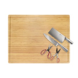 BambooMN Bamboo Burner Cover Cutting Board, 3-Ply, Extra Large, 30" x 24" x 0.75" - Grooved/Flat with Cleaver, Knife, and Kitchen Shears Set