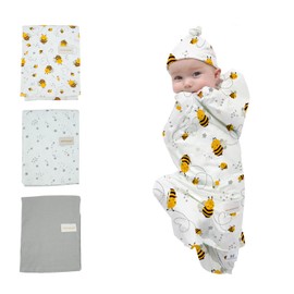 Receiving Blankets Girl 3 Pack 100% Cotton Swaddle Blankets Knitted Unisex Baby Blankets 35" x 35" Newborn Receiving Blankets Soft Newborn Baby Boy Swaddle Blanket (Gray Bee Stars)