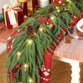 9FT Prelit Christmas Garland, Realistic Green Norfolk Pine Garland with Lights Battery Operated for Mantle Stairs Railing Fireplace Table Indoor Xmas Decor