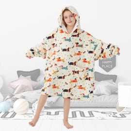 Fiosnow Dachshund Blanket Hoodies for Kids 6-13YR Oversize Wearable Blanket Hoodies for Boys Girls Teens