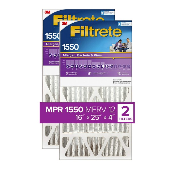 Filtrete 16x25x4, AC Furnace Air Filter, MPR 1550 DP, Healthy Living Ultra Allergen Deep Pleat, 2-Pack (actual dimensions 15.88 x 24.56 x 4.31)