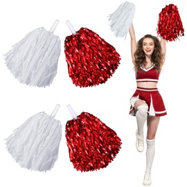 4 Pcs Pom Poms Cheerleading Spirited Fun Pom Poms Cheer Metallic Foil Handle Cheerleading Poms Cheer Squad Team for Party, Sports Dance Cheer, 30 Grams Weight Each (White, Metallic Red)