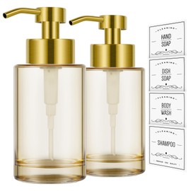 Glass Soap Dispenser with Stainless Steel Pump 2 Pack,12oz Thick Glass Gold Hand Liquid Soap Dispenser Bathroom,Dish Amber Soap Dispenser,Clear Soap Dispenser for Bathroom,Kitchen