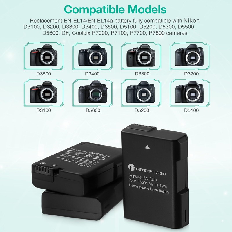FirstPower EN-EL14/EN-EL14a Battery 3Pcs with Triple Slot Charger for Nikon