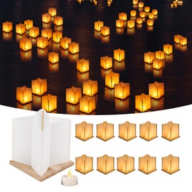 FUELYE 20 Pack 6" Star Shaped Floating Lanterns with Waterproof Wooden Base Sets, Paper Water Lanterns Decoration with LED Tealight Candle (20Sets Lanterns+Flameless LED Candles)