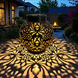 OMRAYTU Outdoor Solar Hanging Lantern Lights, Waterproof Tabletop Solar Lights with Handle, LED Solar Moroccan Lanterns, Metal Decorative Garden Solar Lights for Lawn, Porch, Backyard(1 Pack Black)