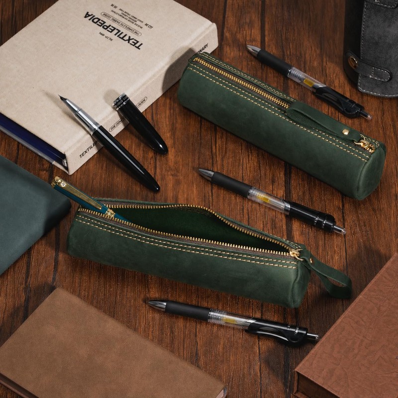 ECHSRT Genuine Leather Pencil Pouch, Classic Cylinder Pen Bag -