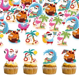 48 PCS Edible Summer Christmas Cupcake Toppers Wafer Paper Christmas in July Party Decorations Santa Claus Flamingo Cupcake for Baby Shower Birthday Wedding Party Decorations