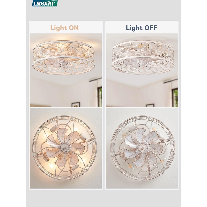 LEDIARY Caged Ceiling Fans with Lights, White Flush Mount Ceiling