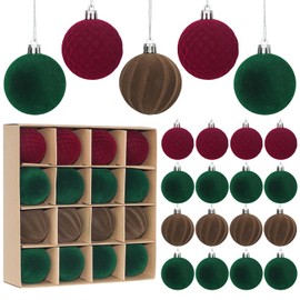 Miaikoe 16 Pcs Velvet Christmas Balls Hanging Ornaments Set, Pre-tied Shatterproof Plastic Flocked Christmas Balls Xmas Decorations Festival Holiday Party Decor (Brown,Red,Green,6CM)