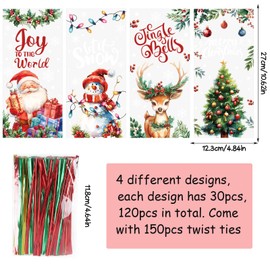 DERAYEE 120PCS Christmas Cellophane Bags, Christmas Goodies Bags Xmas Party Gift Bags with 150PCS Twist Ties for Christmas Party Favors