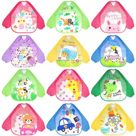 12 Pack Toddler Art Smock,Small Waterproof Bib,Kids Painting Aprons,Children Apron Long Sleeve Washable Bib for Eating 1-4 Years,Classroom Arts and Crafts