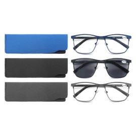 MODFANS Reading Glasses Men Blue Light Blocking Glasses Metal Frame Rectangle Readers Stainless Steel Material Anti Eyestrain/Glare/UV Includes Sun Readers