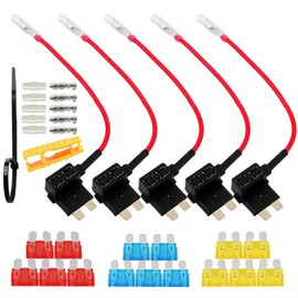 FULARR 5Pcs Premium ACU Medium Add-A-Circuit Fuse Tap, Piggy Back Blade Fuse Holder Kit with Wire Harness, Free Standard Blade Fuses X 15Pcs, Fuse Puller X 1Pcs, Wire Ties X 5Pcs –– 12V / 24V