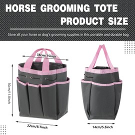 Abbylike Grooming Tote Bag for Horses Organize Tack Tools Equestrian Grooming Kit Care Portable with Multiple Pockets with 7 Pockets for Supplies(Vintage,15 x 12 x 5.5 Inches,Grey and Pink)