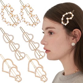 6PCS Pearl Heart Hair Clip, Hollow Boho Hair Barrette Non-Slip Metal Hairpin Valentines Wedding Prom Decorative for Women Girls Elegant Styling Hair Accessories