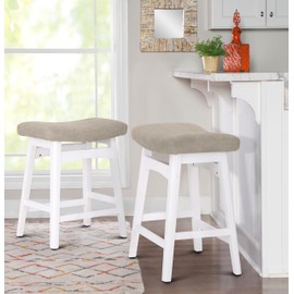 Erste!Bravo White Solid Wood Bar Stools Set of 2 for Kitchen Counter Height Barstools with Faux Leather Saddle Seat Farmhouse Upholstered Stools for 34"-38" Counter Island, Beige Cushion & White Legs