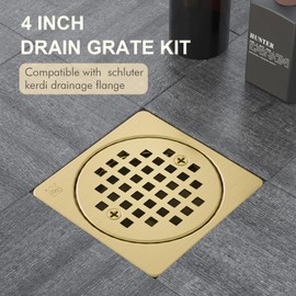 4 Inch Drain Grate Kit,Compatible with Schluter Kerdi Drain Flange, CUPC Certification,Square Shower Floor Drain SS304 Stainless Steel and ABS Material,Height Adjustment Collar and Ring-Brushed Gold