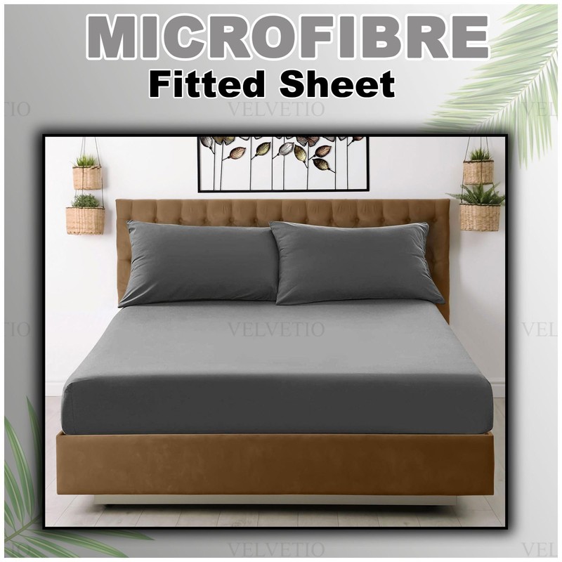 VELVETIO Easy Care Plain Charcoal Fitted Sheet, Soft Breathable 100%