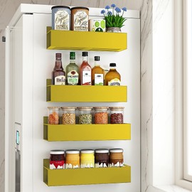 4 Pack Moveable Fridge Magnetic Spice Racks Metal Magnetic shelf for refrigerator Kitchen Spice Hang Storage Shelf (Gold)