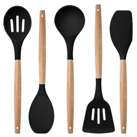 Herogo 5-Piece Cooking Utensils Set, Silicone Kitchen Utensils Set with Wooden Handle, Heat Resistant Cooking Tools Slotted Turner, Spoon, Soup Ladle, Spatula, Spoonula for Nonstick Cookware, Black