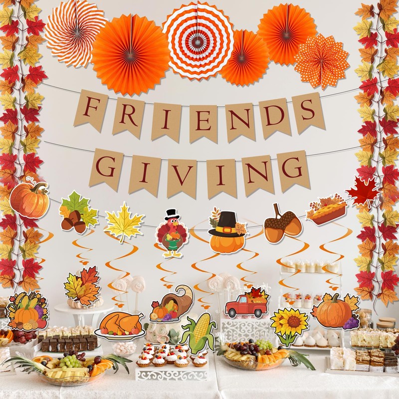 Coneatness Friendsgiving Decorations Kit, Party Banner Maple Leaf Garland Hanging