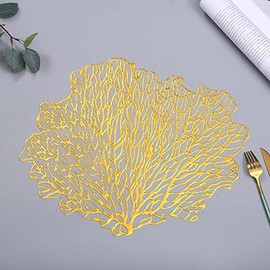 Hosoncovy 4 Pack Decorative Coral Leaf Placemats PVC Placemats Hollow Dining Table Place Mats Heat Resistant Non-slip Dining Placemats Table Mats for Home Kitchen (Gold)
