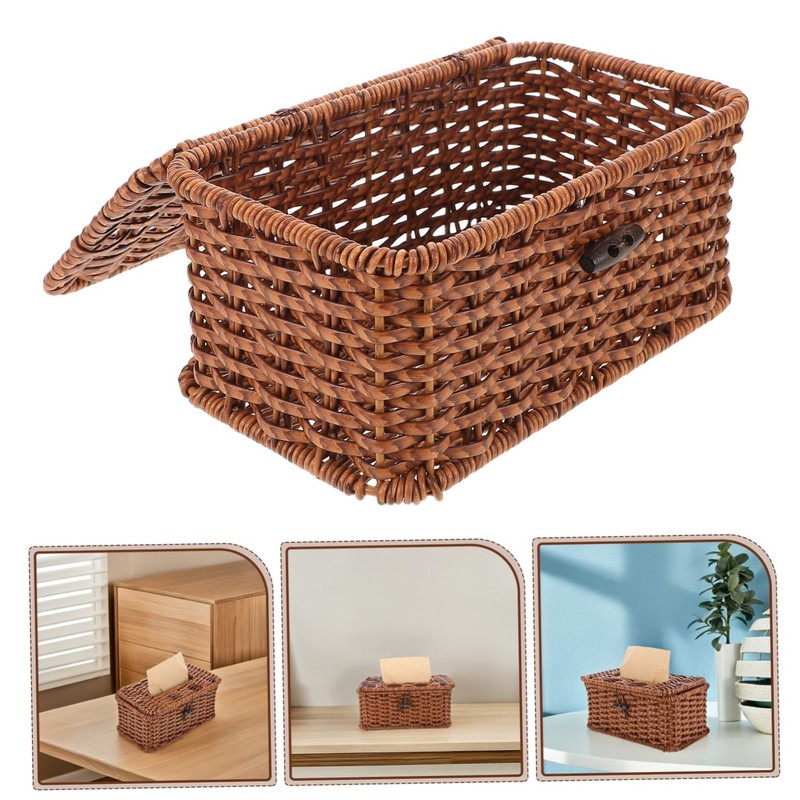 GLEAVI Handwoven Plastic Tissue Box Cover Rectangular Fake Rattan Tissue