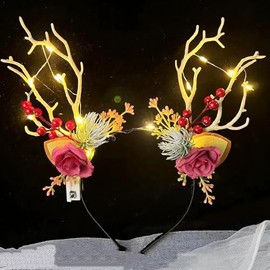 GASTAT Christmas Headband Reindeer Hair Accessories for Christmas Party Decorations Costume Headpiece Glowing Hair Band with LED Light Winter Holiday Art Supply(Berries Flower)
