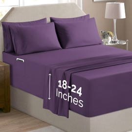 Elegant Comfort Luxury Soft 6-Piece 1500 Premium Hotel Quality Bed Sheet Set with Extra Deep Pockets 18-24 Inch, Wrinkle Free, Storage Pockets, Extra Deep Pocket 6PC Sheets, Queen, Purple