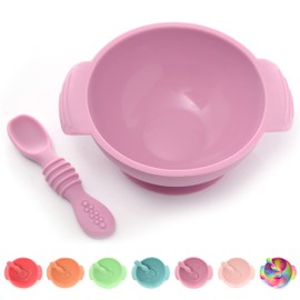PrimaStella Unbreakable Silicone Non-Slip Bowl and Chew Spoon Set for Babies and Toddlers (Plum)