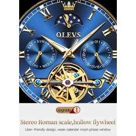 OLEVS Mens Automatic Watches Skeleton Mechanical Self Winding Luxury Dress Wrist Watch Moon Phase Day Date Waterproof Luminous Two Tone Watches Gifts
