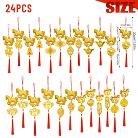 24 Pcs Chinese New Year Decorations Year of The Horse 2026 Chinese Knot Tassel Lucky Charm Feng Shui Hanging Pendants for Lunar New Year Wealth Success Good Luck Home Kitchen Bonsai Car Decor