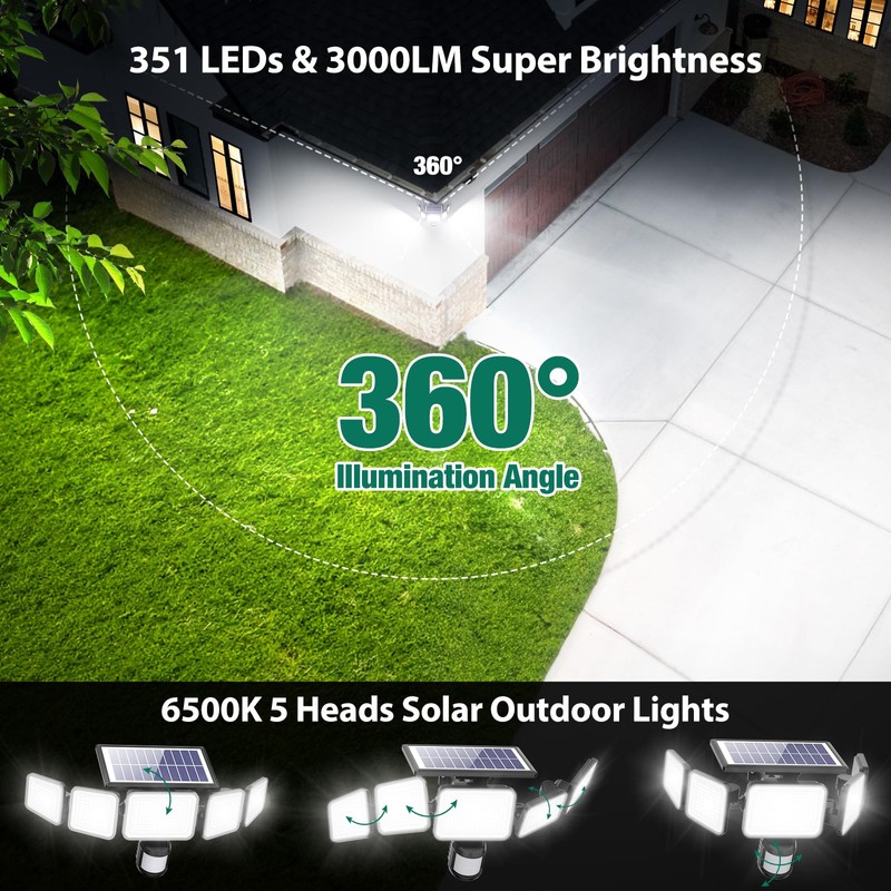 3000LM Solar Lights outdoor, 5 Adjustable Heads Solar Motion Sensor