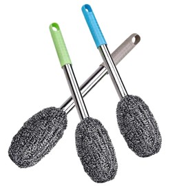 3-Pack Steel Wool Scrubber with Long Handle, Kitchen Dishwashing Pot Scrubber for Deep Cleaning