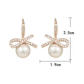 ankbrats Women's Golden Pearl Earrings, Bows Freshwater Pearls, Hanging Hook Earrings, Women, Hypoallergenic Drop Earrings with White Pearl for Girls, Yellow Gold