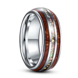 LINGMEI 8mm Hawaiian Koa Wood and Abalone Shell Tungsten Carbide Rings Silver Wedding Bands for Men Comfort Fit Size 11.5