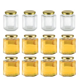 Encheng 16 oz Clear Hexagon Jars,Glass Jars With Lids(Golden),Mason Jars For Honey,Foods,Jams,Liquid,Spice Jars Herd Jars Canning Jars For Storage 12 Pack