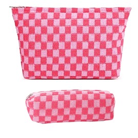 ATUIYG AJOJO 2 Pcs Checkered Cosmetic Bag Makeup Brush Storage Bag Toiletry Organizer Bag for Women Girls Large Travel Toiletry Organizer (2Pcs-Pink)