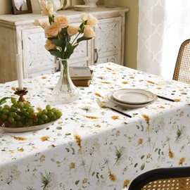 Ablecozy Yellow and Green Flower Clusters Fabric Waterproof Tablecloth,Rectangle Watercolor Wrinkle Oil-Proof Resistant Table Cover for Dining Table, Buffet Parties and Campin,(60" x 84" inch)