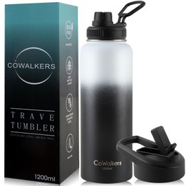 Termo de Acero Inoxidable para Agua Fría y 2 Tapas - Botella Térmica Metálica con Doble Pared para Mantener el Frío - para Gimnasio, Deportes y Oficina (White-Negro, 1180ml/40Oz)