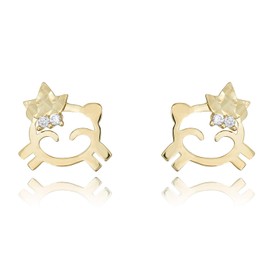 AVORA 10K Yellow Gold Kitty Cat Simulated Diamond CZ Stud Earrings