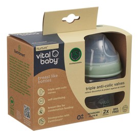 Vital Baby Nurture Breast-Like 0m+ Baby Feeding Bottles, 150ml 2pk, Self-Sterilising in 3 Mins, Triple Anti-Colic Valves, Slow Flow Teats, EarthSmart Biodegradable, BPA-Free