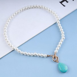 Cimenexe Bohemian Teardrop Turquoise Pendant Necklace Beads Choker Necklace Water Drop Turquoise Necklace Gold T Bar Toggle Necklace Jewellery for Women and Girls Gifts