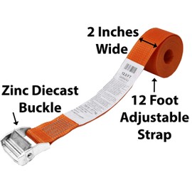 CustomTieDowns, 2 Inch x 12 Foot Cinch Strap Endless Loop Tie Down (No Hooks), Zinc Diecast Rust Proof Cam Buckle, Polyester Tie-Down Webbing. (Orange)